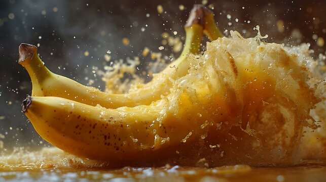Dynamic image of a banana splashing into juice, capturing motion and freshness in high detail. frozen action photography. AI