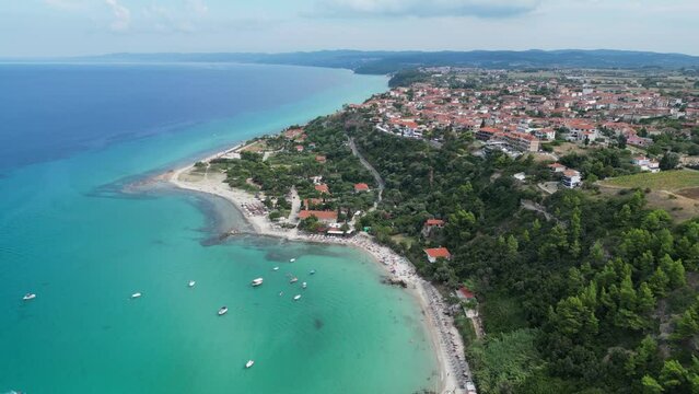 Afytos Beach, Village and Coastline in Kassandra, Halkidiki, Greece - Aerial 4k