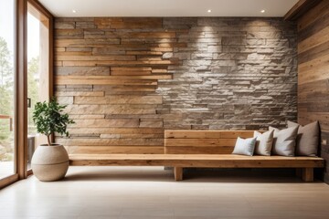 rustic interior home design of entrance hall with tree trunk wooden bench and stone cladding wall - obrazy, fototapety, plakaty