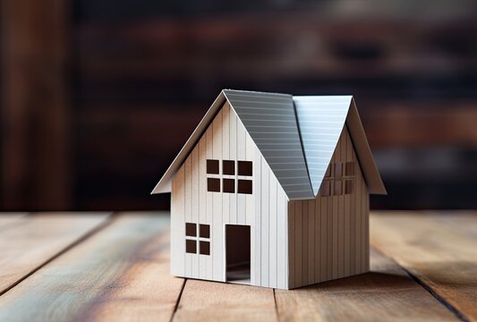 A small house model on the table. Paper signing. Real estate buying concept