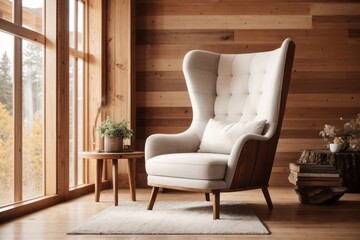 Rustic farmhouse interior home design of living room with wing chair and wooden logs wall