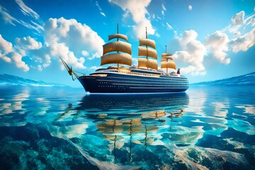 Setting sail on a magical journey, a passenger ship cruises through the vast ocean, surrounded by an awe-inspiring little planet format.

 - obrazy, fototapety, plakaty