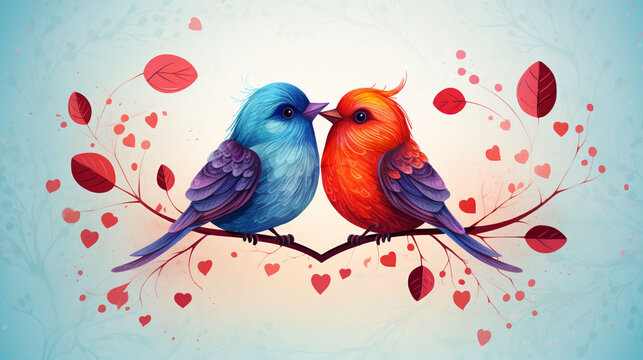 Valentine's Day, A couple of Romantic birds are hugging, in heart shape illustration