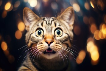 A cat with a surprised expression, featuring an open mouth in a moment of astonishment or curiosity. - obrazy, fototapety, plakaty
