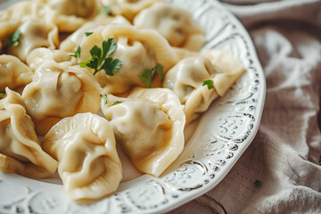 Dumplings served on a white plate.