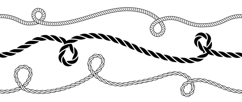 Wavy rope curve set. Repeating hemp cord stripes collection. Wavy loop tie braid bundle. Seamless black and white plait pattern. Vector marine twine design elements for banner, poster, frame, border
