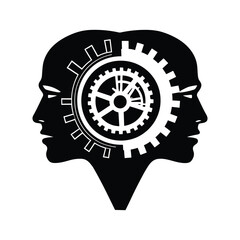cogs interlocked within two heads talking corporate vector illustrations