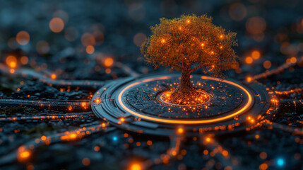 A tree growing on a digital neon circle.