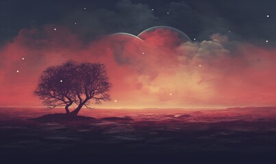 Fantasy landscape with tree, moon and stars. Vector illustration.