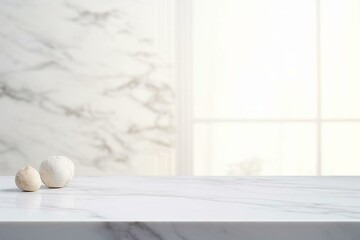 Table with marble stone counter top, blurred white backdrop for product presentation. Generative AI