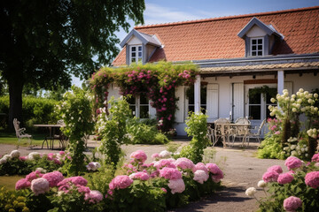 Fototapeta na wymiar Charming Cottage with Flower Garden.