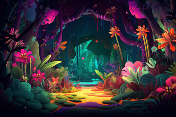 Fantasy Forest Path with Luminous Plants. - obrazy, fototapety, plakaty