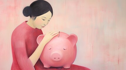 A happy woman holds a pink piggy bank with pink color