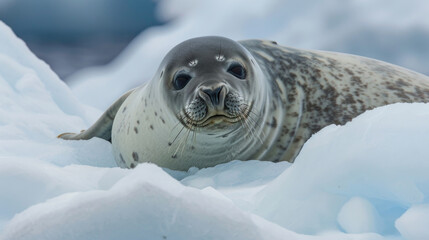 Closeup of a solitary Ross seal resting on a chunk of melting ice its head turned towards the camera with a curious expression