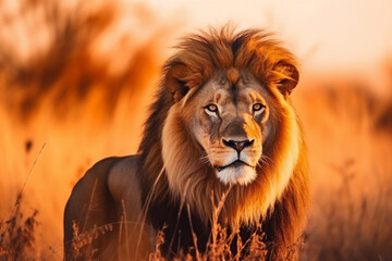 Obraz premium Majestic Lion in the Wild at Sunset.