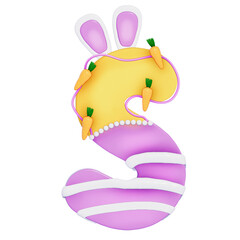 Easter bunny holiday alphabet S with cute decoration on transparent background , 3D Rendering