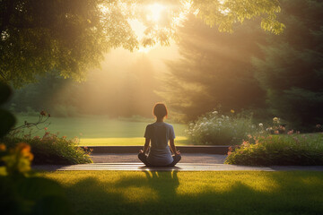 Morning Meditation in Tranquil Garden. - obrazy, fototapety, plakaty