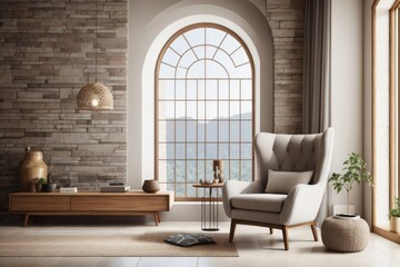 Rustic interior home design of living room with wing chair and stone wall