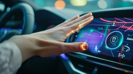 A closeup of a hand waving in front of the multifunctional infotainment screen selecting a new song with a gesture control gesture - obrazy, fototapety, plakaty