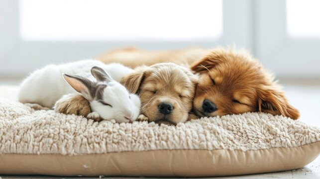a dog sleeping on a light brown pillow with white , a cat sleeping on a light brown pillow with white background,