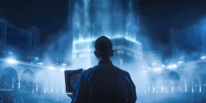 back view Muslim man sitting praying. holding and read Quran in front of Kaaba Macca islamic mosque, Ramadan kareen and eid fitr or adha mubarak day background illustration, Generative AI