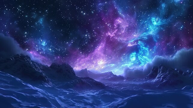 Beautiful fantasy starry night sky, blue and purple colorful, galaxy and aurora 4k wallpaper