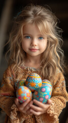 Fototapeta na wymiar Cherubic Child with Colorful Easter Eggs: A Portrait of Innocent Delight
