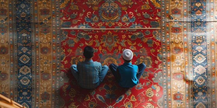 back view Muslim father and son sitting praying on sajadah prayer mat. holding and read Quran in islamic mosque, Ramadan kareen and eid fitr or adha mubarak day background illustration, Generative AI