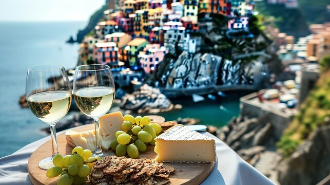 Italian appetizers cheese and wines outside restaurant with a beautiful sea view and houses, Generative AI.