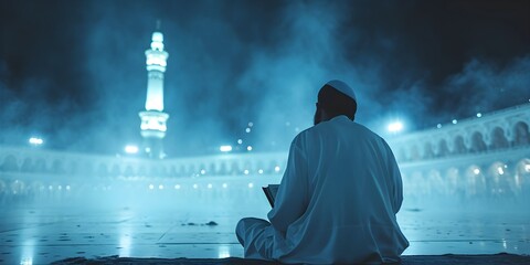 back view Muslim man sitting praying. holding and read Quran in front of Kaaba Macca islamic mosque, Ramadan kareen and eid fitr or adha mubarak day background illustration, Generative AI
