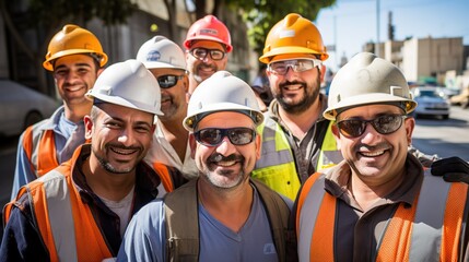 _A_group_of_smiling_construction_workers_wearing_uniform taking group photo real 4k high quality image