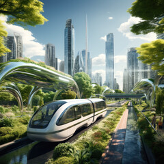 Eco-friendly future: Illustrating electric or hybrid vehicles in futuristic cityscapes, symbolizing forward-thinking urban mobility - obrazy, fototapety, plakaty