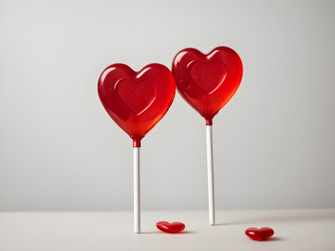 Heart shaped lollipops on gray background, valentine concept.