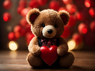 Cute teddy bear with red heart, valentine concept.