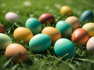 Fototapeta na wymiar Colorful easter eggs on green grass, shallow depth of field