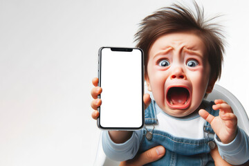 shocked child with open mouth crying and holding smartphone on solid white background. ai generative