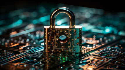 An illuminated padlock with a circuit board pattern symbolizes robust digital security and data protection.
