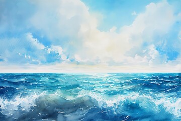Obraz premium a colorful and vibrant painting depicting a beautiful beach scene. Waves with white foam crash gently onto the sandy shore