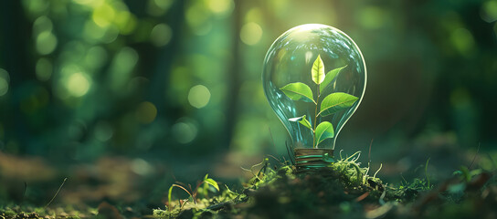 Tree seeds in a light bulb against a green forest backdrop, symbolizing eco-technology, green business, innovation in eco-industries, and renewable energy. - obrazy, fototapety, plakaty