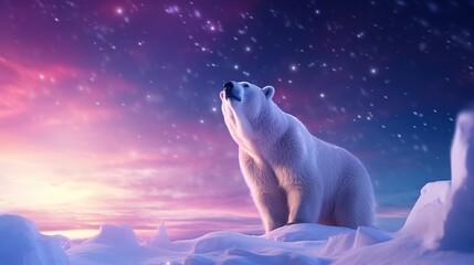 Fototapeta premium Polar bear snowflakes and skyWinter landscape with animals landscape mock up image