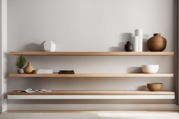 Fototapeta na wymiar Interior home design of living room with wood floating shelf on white wall