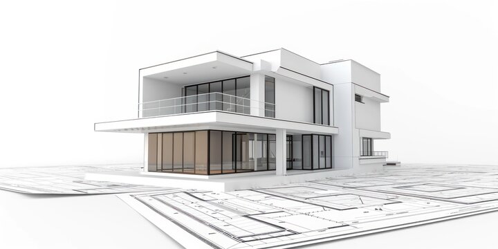 3d house, modern design, on white blueprint paper, standing tall, on white background, ultra high render quality graphics copy space