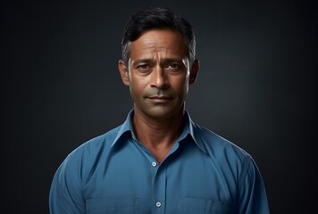 Fototapeta premium Portrait of a serious Indian man in blue shirt on dark background