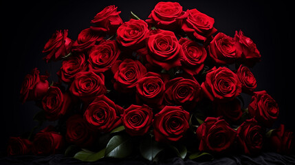 Bouquet of bright red roses on a black background