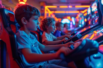 Motorbike riding game in the neon lights arcade is entertaining for tiny children, space, Generative AI.