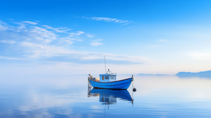 Fototapeta premium A blue fishing boat sailing on the sea in the morning