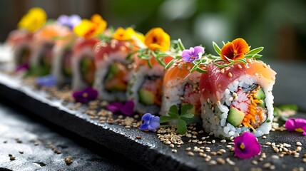  Precision-cut sushi rolls with edible flowers.