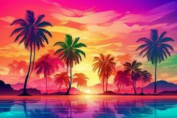 Fototapeta na wymiar Colorful palm silhouettes background, Generative Ai