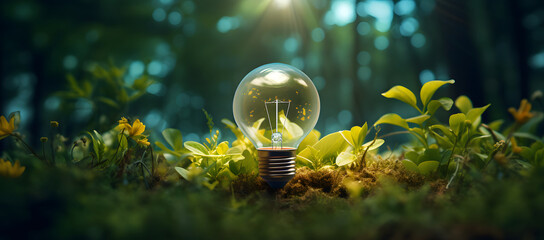 Tree seeds in a light bulb against a green forest backdrop, symbolizing eco-technology, green business, innovation in eco-industries, and renewable energy.