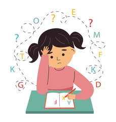 Dysgraphia, dyslexia and  learning difficulties concept. Vector illustration. Young girl  character has problems with reading, writing.